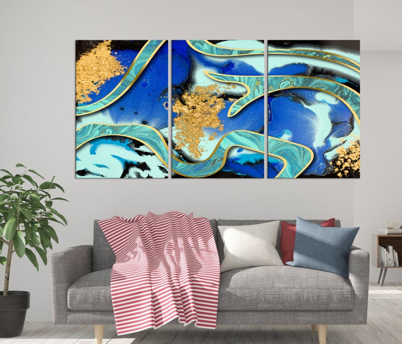 Turquoise Abstract wall art canvas print Gold wall art marble Etsy
