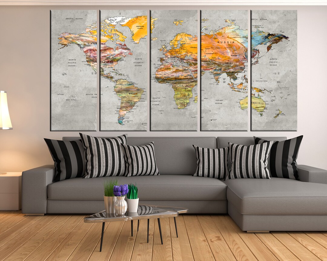 Large Canvas Wall Art, Push Pin World Map Wall Decal, Travel World Map ...