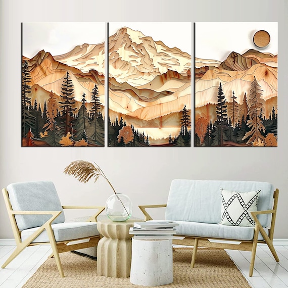 Layered Wood Effect Mountain Canvas Print, Framed Nature Landscape