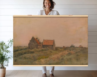 Rustykalna gobelinowa dekoracja ścienna z krajobrazem wiejskiego domu | Wystrój domu w stylu vintage | Duża sztuka ścienna do salonu lub sypialni h107