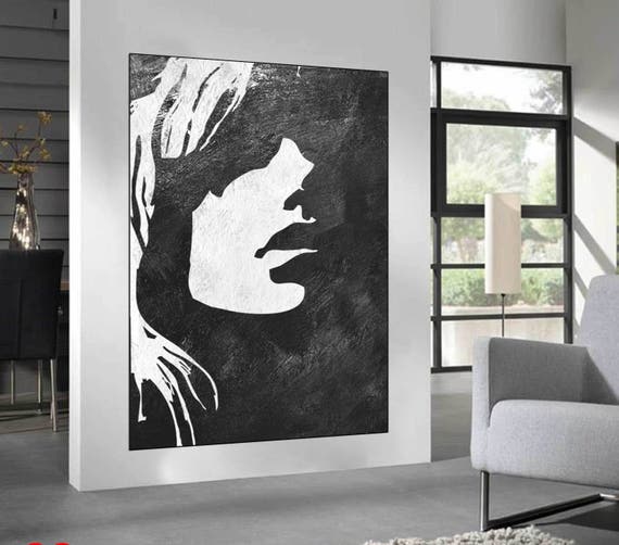 Black White Minimalist Abstract Painting Woman Face Silhouette, Large Acrylic  Painting, Black and White Minimalist Wall Art 