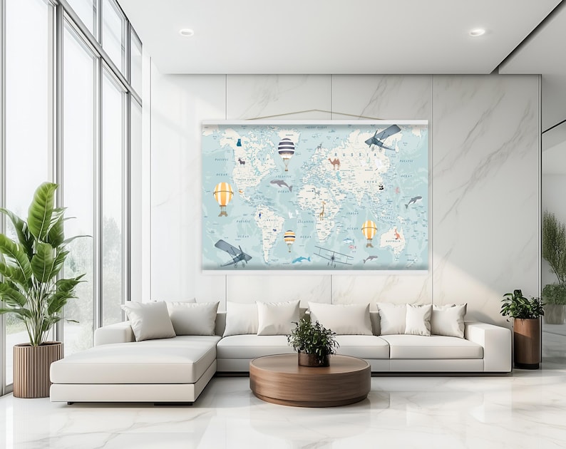 World Map for Kids Room Wall Art | Fun Animals and Adventure Canvas ...