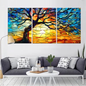 Stained Glass Tree of Life Canvas Print | Vibrant Sunset Landscape | Colorful Nature Wall Art | Modern Home Decor  m114