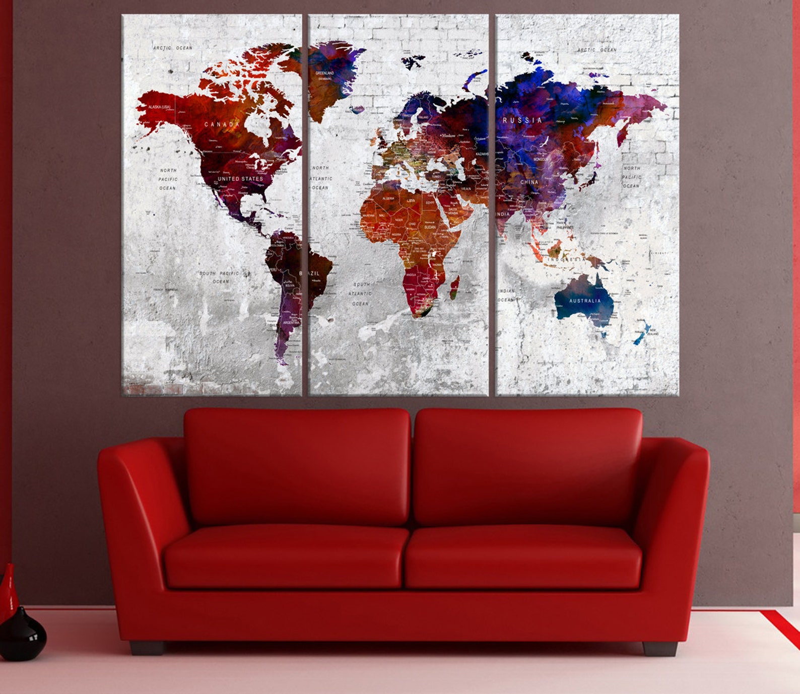 Large Push pin world map wall art canvas push pin world map Etsy