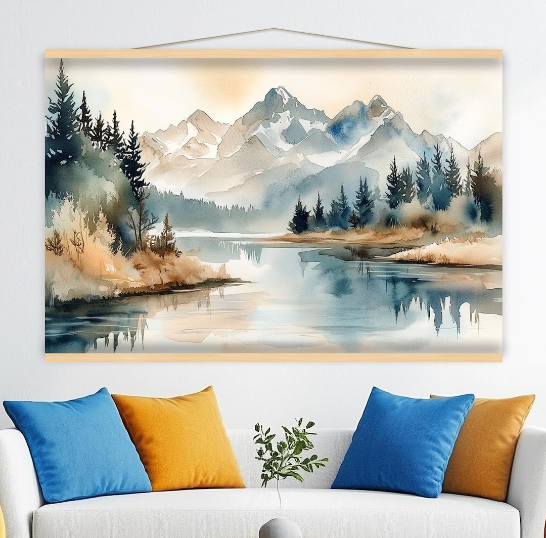 Mountain Lake Watercolor Art | Extra Large Wall Hanging Canvas Print ...