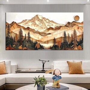 Layered Wood Effect Mountain Canvas Print, Framed Nature Landscape Wall ...