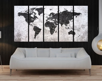 Grey Push pin world map wall art canvas, travel map, extra large canvas art print, world map push pin, abstract canvas art print No:7s80