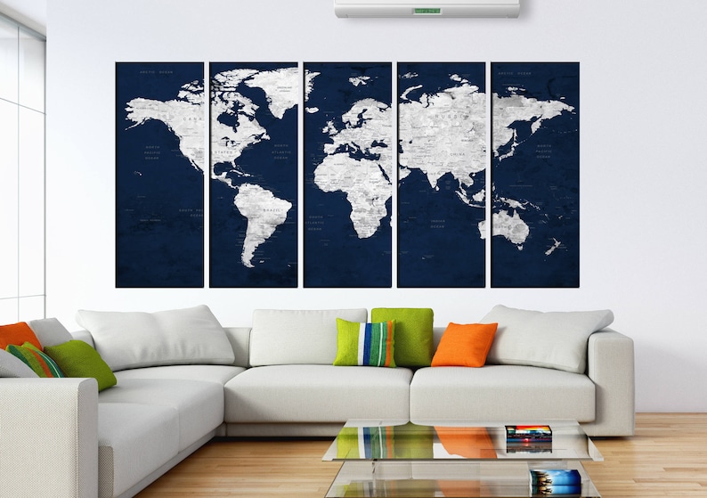 Extra Large Wall Art Navy Blue Push Pin World Map Canvas Print Old ...