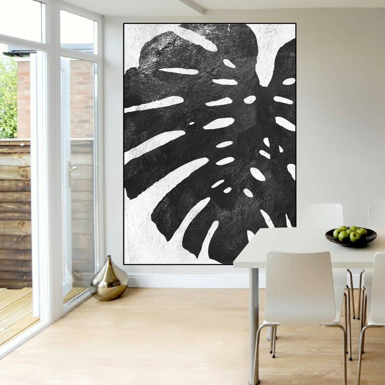 large canvas art, tropical leaf original abstract painting on canvas, modern acrylic painting black and white, large abstract art, image 1