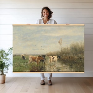 田園風牛の風景タペストリー壁掛け | 素朴な農家の動物アート | 自然にインスパイアされた大きな壁装飾 | カントリーファームの壁アート hn102
