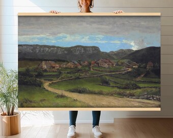 Extra Large Vintage Landscape Canvas Print | Rustic Farmhouse Wall Hanging | Scenic Village View Tapestry Wall Art for Home Decor h226