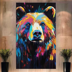 Colorful Bear Canvas Art | Abstract Wildlife Wall Decor | Large Vibrant Bear Painting | Modern Animal Wall Art for Living Room m435