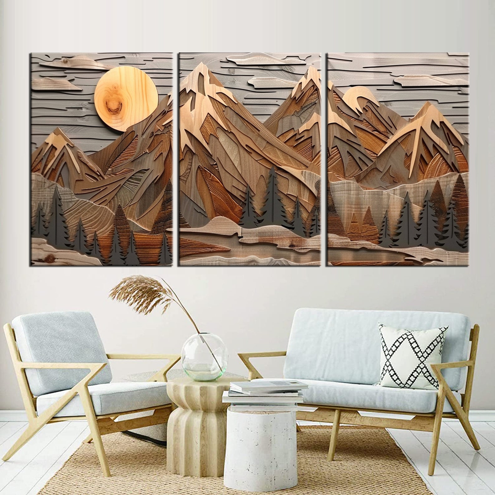 Layered Wood Mountain Landscape Canvas Print - 3 Panel Rustic Wall Art ...