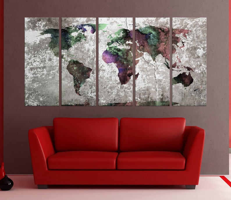 Modern world map wall art canvas print watercolor map wall