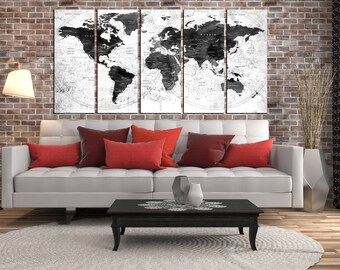 Black and white world map wall art push pin travel map, world map grey, world map home decor, world map art canvas ht119