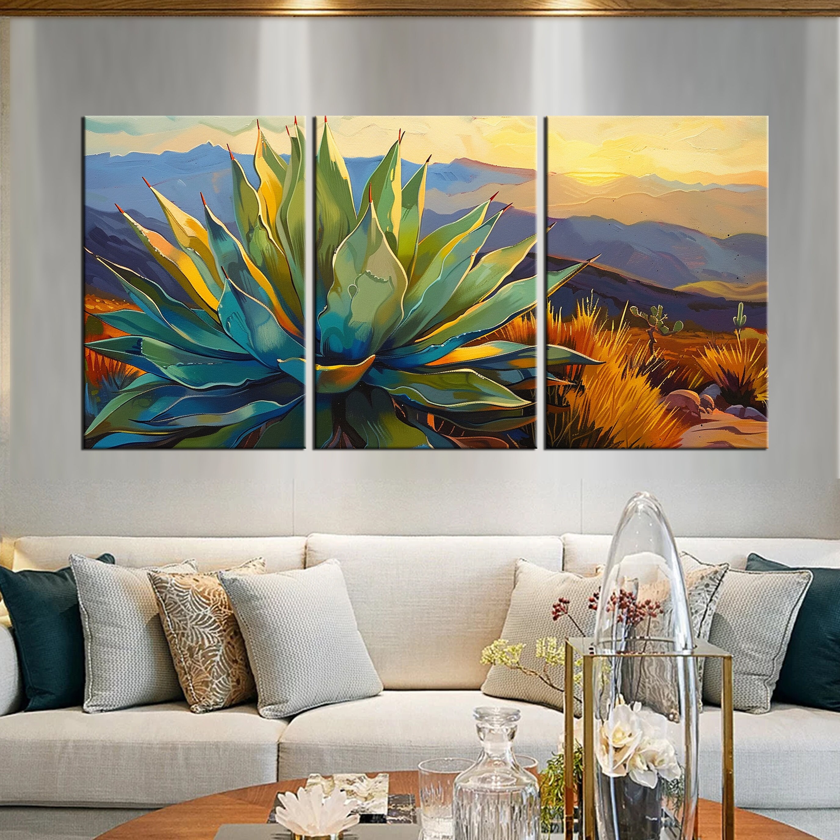 Large Framed Canvas Print of Colorful Agave Plant, Vibrant Desert
