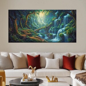 Enchanted Waterfall Canvas Print | Mystical Forest Landscape | Nature Wall Art for Home Decor | Serene Wilderness Art | Zen Decor md314