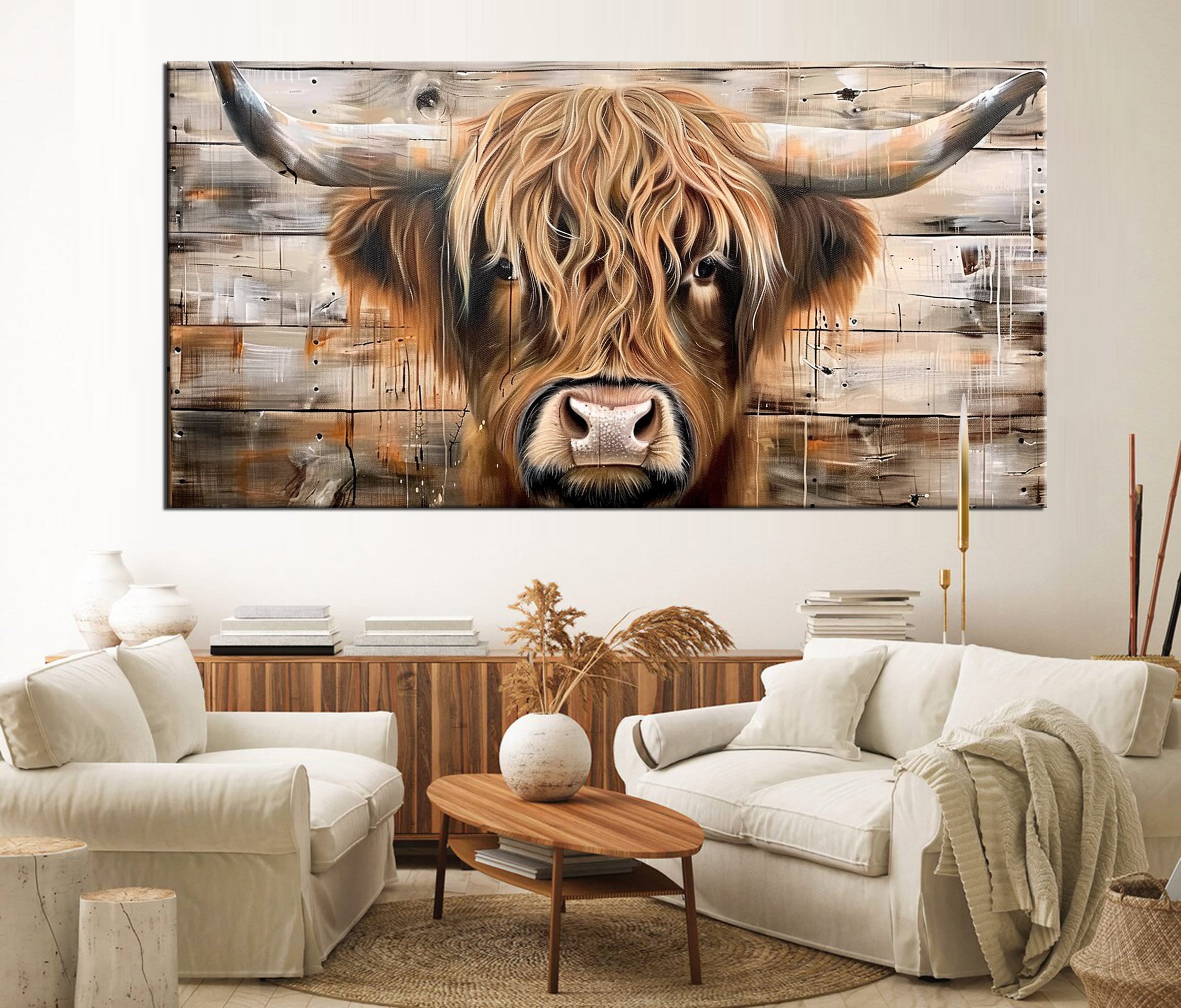 Highland Cow Canvas Art - Rustic Farmhouse Decor, Large Wall Art