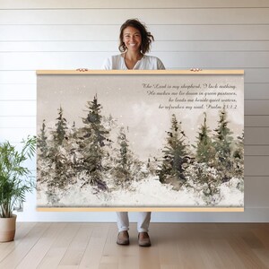Psalm 23 Christian Wall Art | Bible Verse Snowy Forest Canvas Print | Quiet Waters Tapestry Wall Hanging | Scripture Home Decor hn381