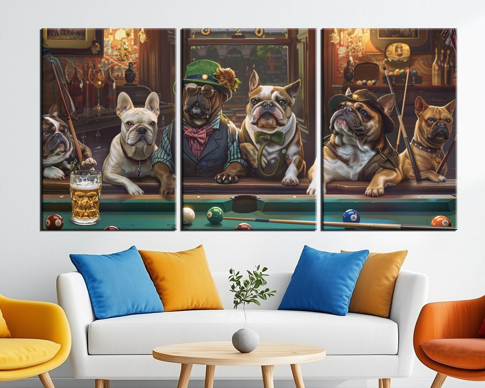 Vintage Bulldog Billiards Canvas Print - French Bulldogs Playing