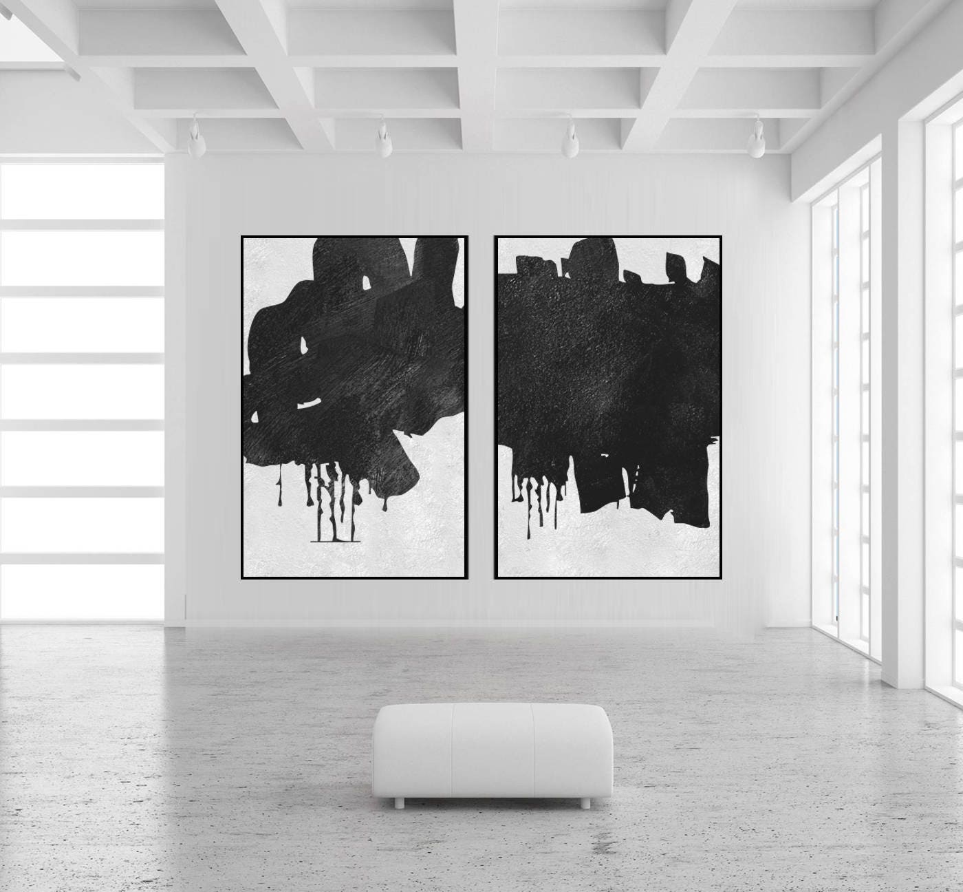 Minimal Art Abstract Acrylic Painting on 2 Pieces Black and | Etsy