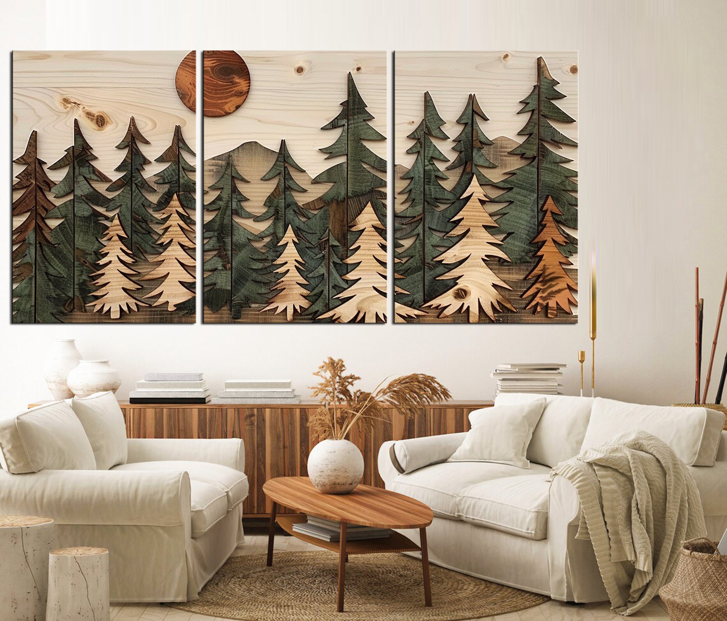 Rustic 3D Wood Wall Art Canvas Print Framed Pine Trees and Sun