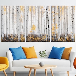 Grote canvasafdruk met berkenbos | Moderne op de natuur geïnspireerde muurkunst | Rustig herfstbomenkunstwerk voor woonkamerdecoratie | Klaar om op te hangen m382