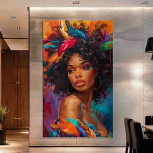Vibrant Afro-Centric Portrait Canvas | Colorful Large Wall Art | Bohemian Style Home Decor | Ethnic Woman Art for Living Room m437