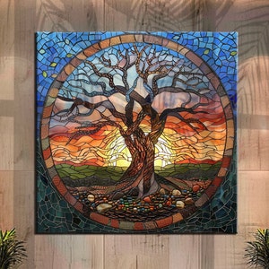 Tree of Life Mandala Art | Yggdrasil Canvas Painting | Celtic Mosaic Stained Glass | Norse Mythology Decor | Vibrant Wall Art Gift md155