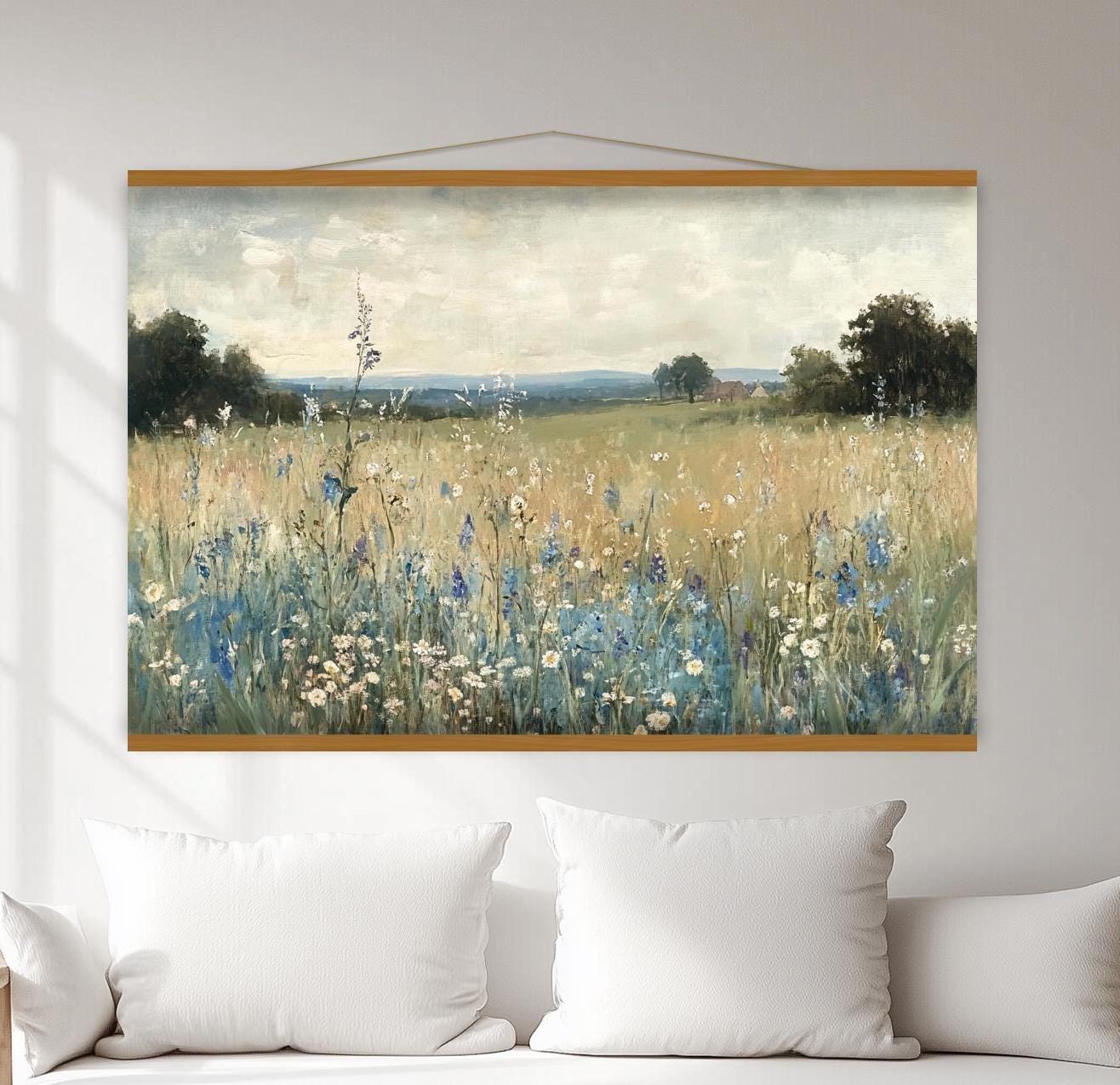 Wildflower Meadow and Distant Cottage Tapestry | Tranquil Pastoral Wall Hanger | Nature-Inspired Landscape Art | Country Decor hn7