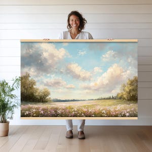 Tranquil Meadow Wall Art - Floral Landscape Canvas Print for Living Room Decor - Large Nature-Inspired Tapestry Wall Hanging h302