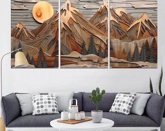 Layered wood Mountain Landscape Canvas Print - 3 Panel Rustic Wall Art, Nature Framed Artwork, Scenic Mountain Decor for Living Room md134