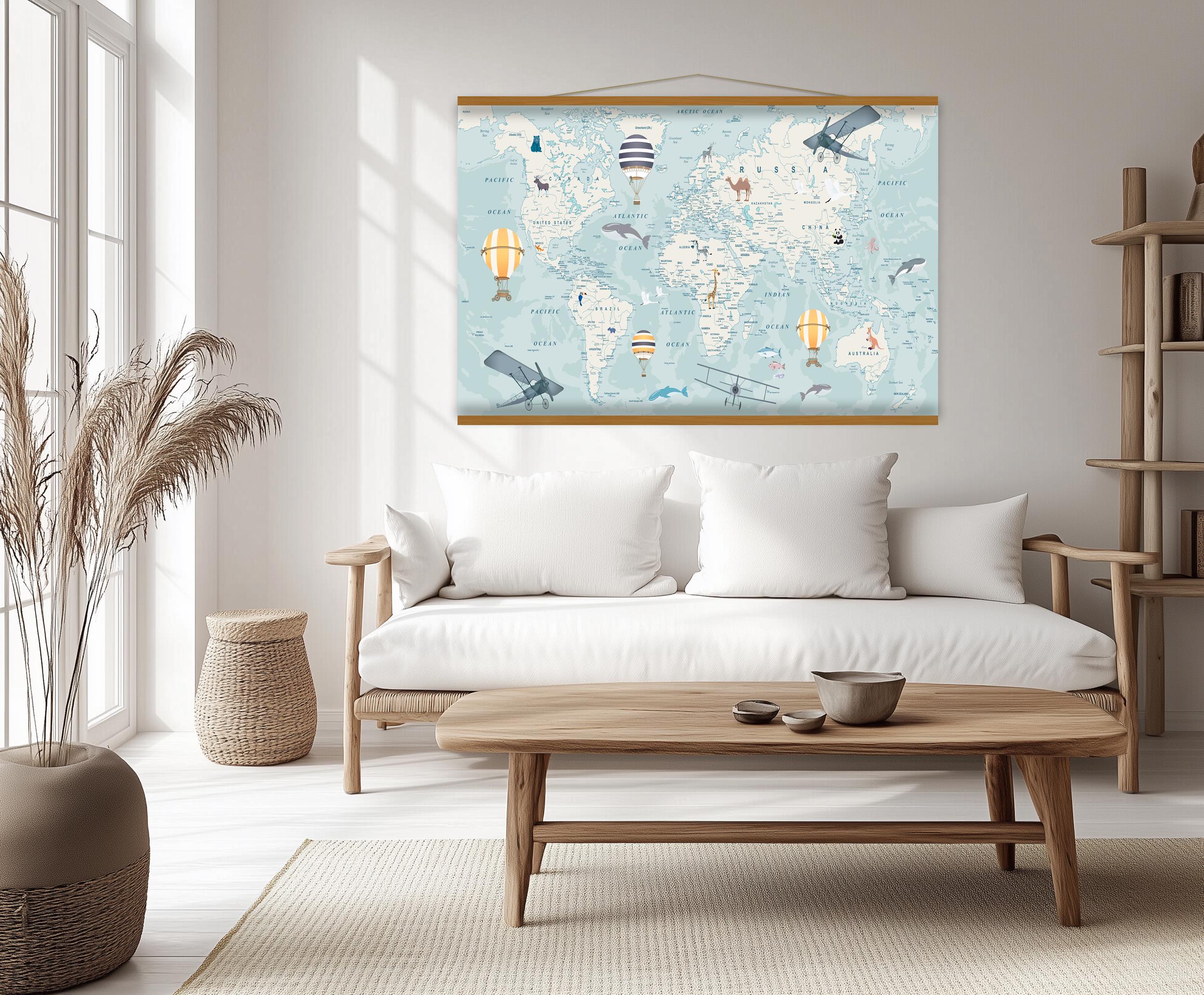 World Map for Kids Room Wall Art | Fun Animals and Adventure Canvas ...