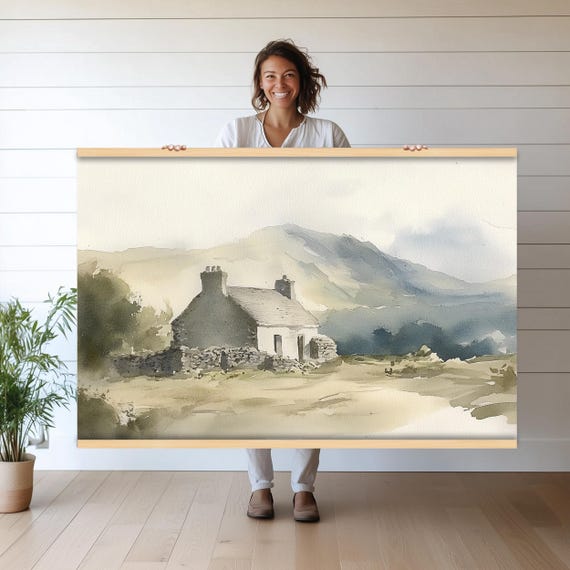 Rustic Cottage Mountain Landscape Tapestry Watercolor Wall