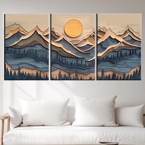Large Mountain Wall Art Canvas | 3 Panel or Single Panel Ready to Hang | Rustic Landscape Nature Decor for Living Room | Sunset Art md363