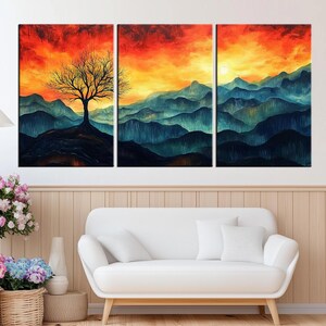 Vibrant Tree at Sunset Over Mountain Range Canvas Print | Large Wall Art | Modern Landscape Painting for Living Room or Office Decor md410