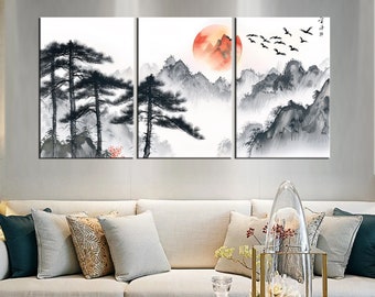 Serene Japanese Ink Wash Landscape Art - Large Wall Decor