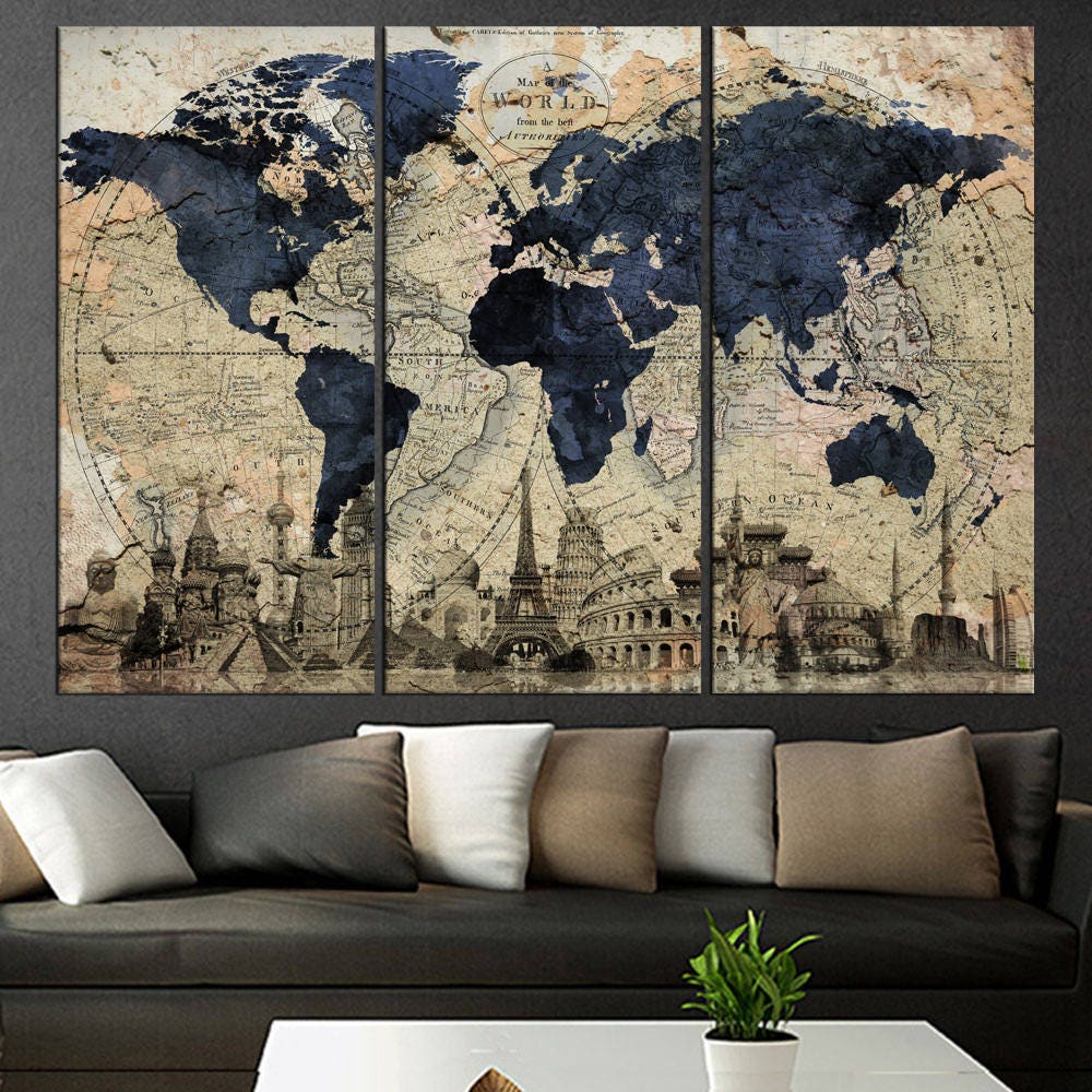 AB1040 Old Blue World Map Retro Abstract Canvas Wall Art Large Picture Prints 