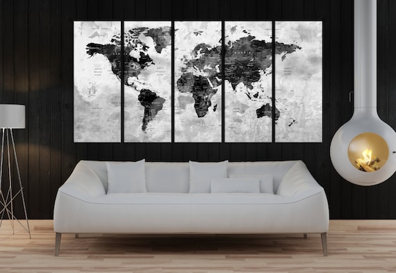 Large Abstract World Map Canvas Print, 5 Panel Black and White Wall Art