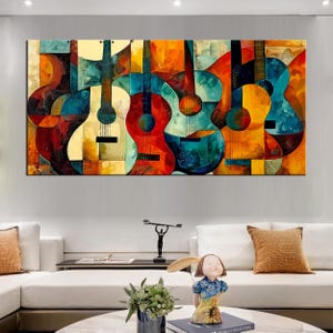 Abstract Guitar Canvas Wall Art | Large Musical Instruments Print | Vibrant Contemporary Music Decor for Living Room or Studio md170