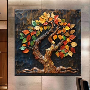 Autumn Tree Wall Art | 3D Textured Canvas Print | Large Rustic Fall Decor | Vibrant Leaves Artwork for Living Room or Office md177