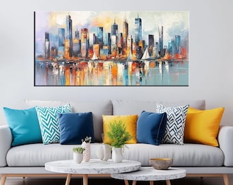 Colorful Cityscape Canvas Print | Large Modern Wall Art of Urban Skyline | Abstract City Wall Decor for Living Room, Office & Bedroom md462