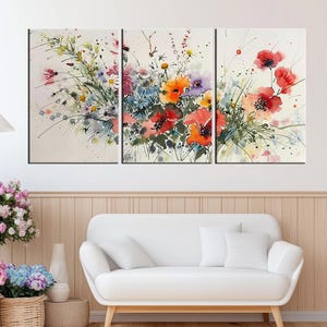 Large Floral Canvas Print | Watercolor Wildflower Wall Art Botanical Garden Decor for Living Room Vibrant Flower Artwork Ready to Hang m383