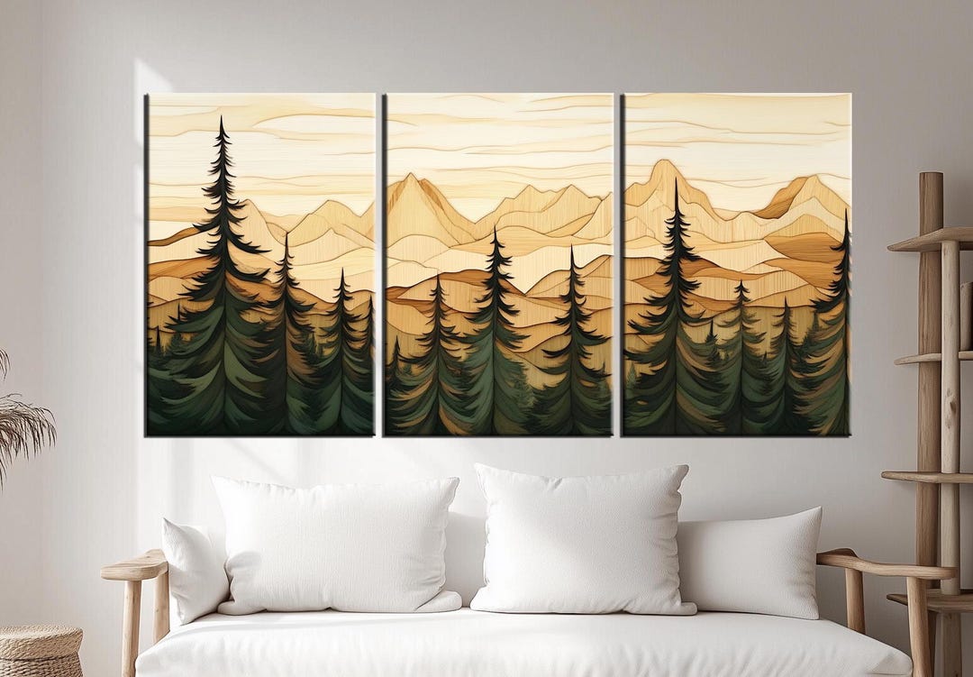 Wood Effect Mountain Landscape Canvas Print | Rustic Nature Wall Art ...
