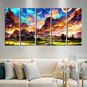 Magical Starry Sky Triptych Canvas - Vibrant Night Landscape Wall Art ...