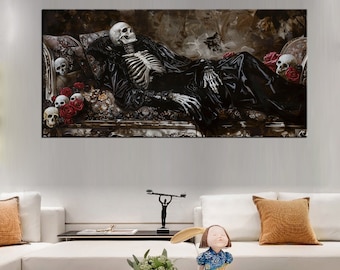Eternal Slumber Skeleton Art - Framed Victorian Gothic Canvas Print, Creepy Halloween Wall Decor, Sleeping Skeleton Painting md99