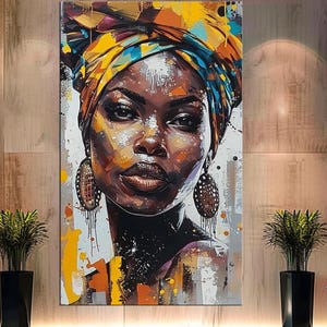 Abstract African Woman Canvas Print | Large Wall Art | Bold Afrocentric Decor | Vibrant Headwrap Portrait for Modern Home m439