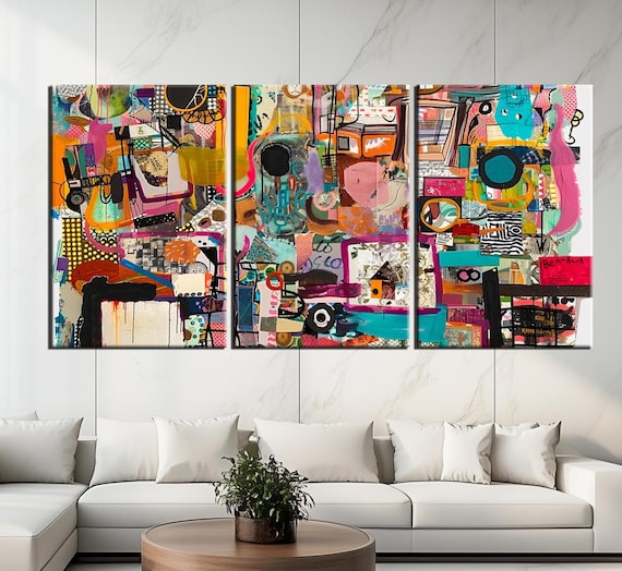 Large Abstract Collage Canvas Print | Colorful Mixed Media Wall
