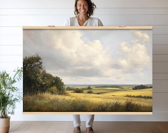 Gobelin Złote Pola Wiejskie | Panoramiczny Rustykalny Krajobraz Ścienny Sztuka do Wystroju Domu Wiejskiego | Duży Wiszący Naturą Wiszący H200