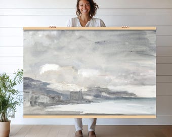 Serene Coastal Landscape Oversized Wall Art | Vintage Canvas Print Tapestry Wall Hanging | Minimalist Seaside Decor hn178